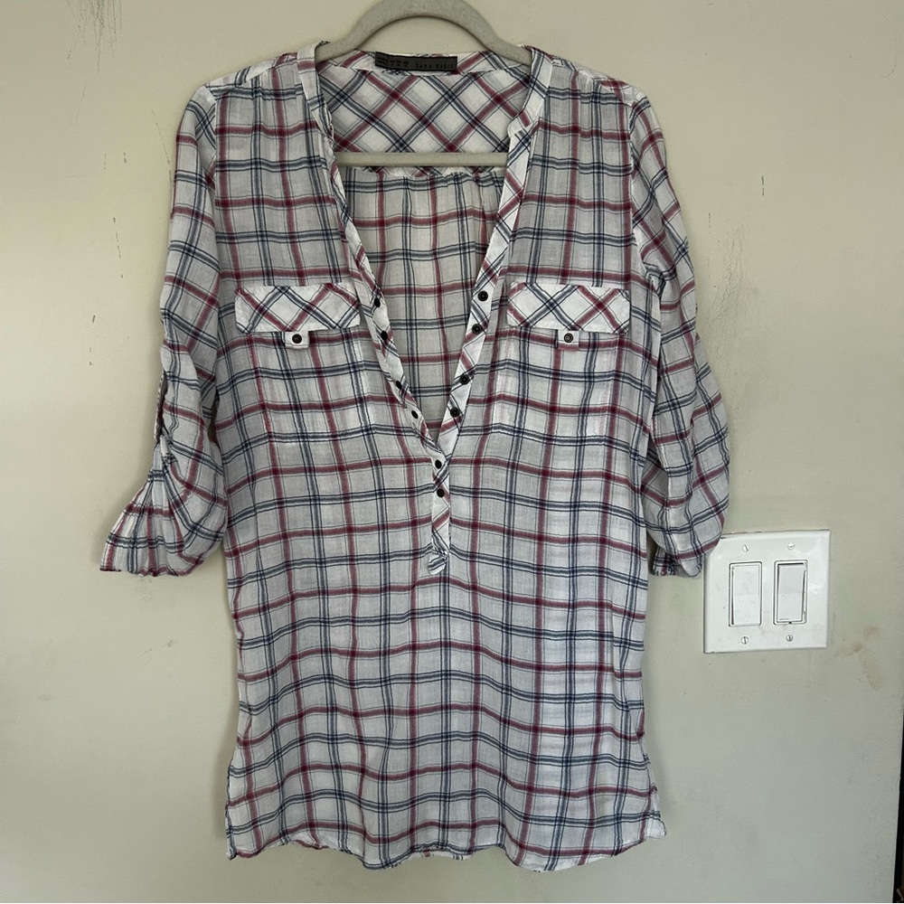Plaid Pullover Button-Up Women's Top Medium Casual Country Lightweight Farm girl